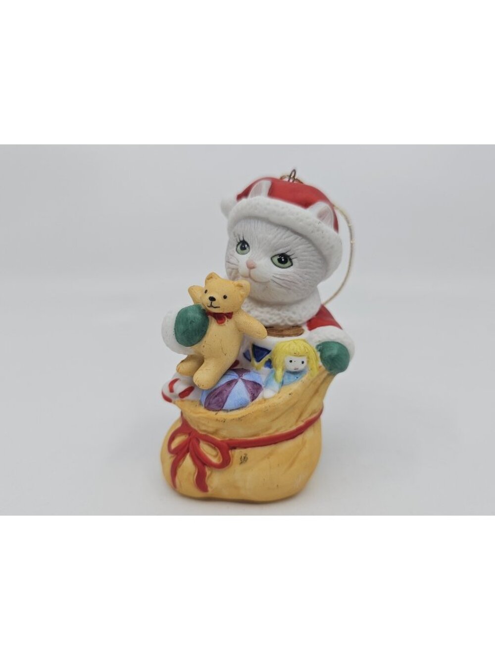 Vintage Santa Cat Christmas Tree Ornament in Toys Bag 1996 Porcelain 3.25 in
